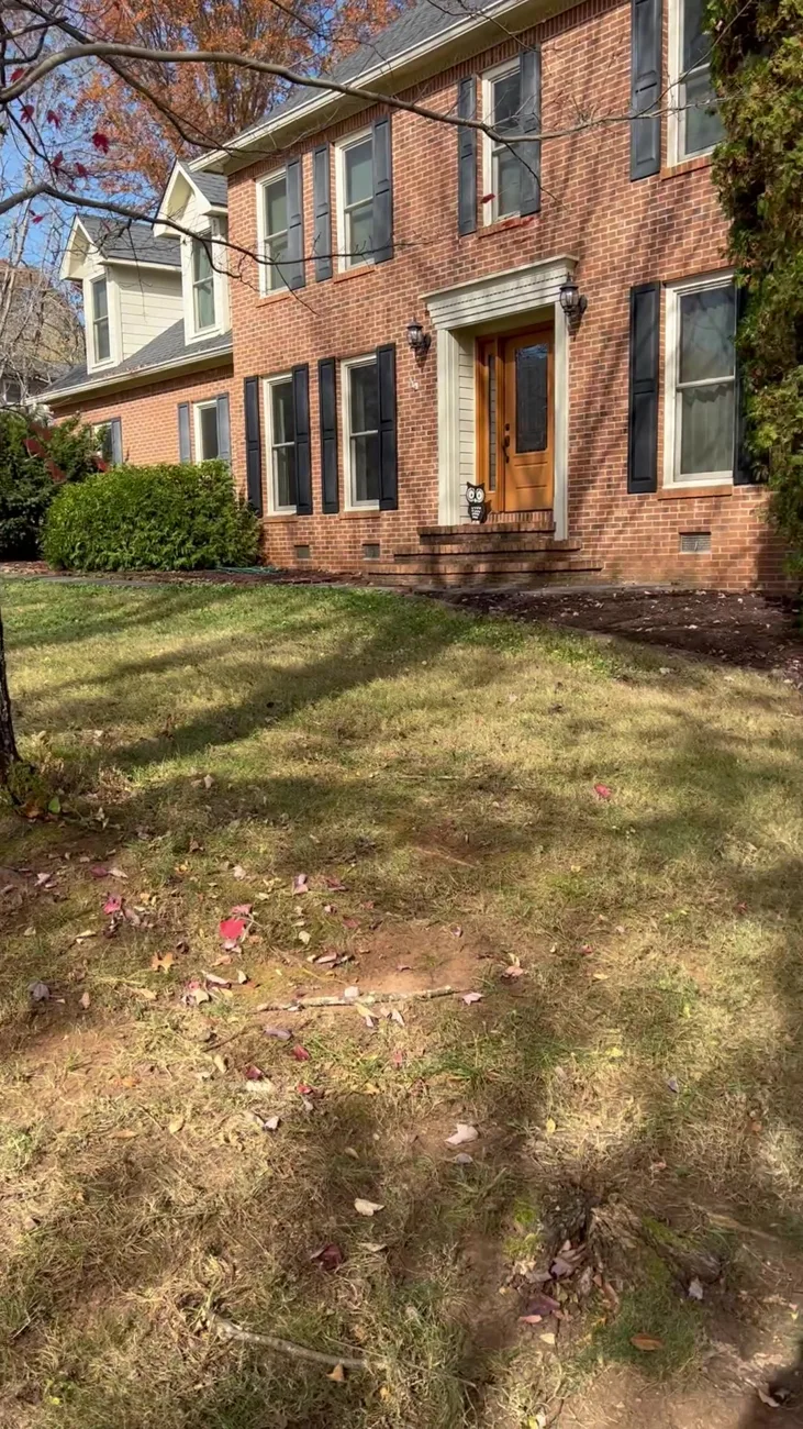 Historic after: the same brick-home lawn following leaf removal